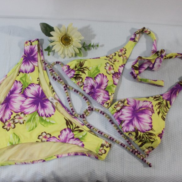 BOGO 💛 Yellow Purple Tropical Hibiscus Swimsuit Bikini Size Medium Floral - Picture 3 of 11
